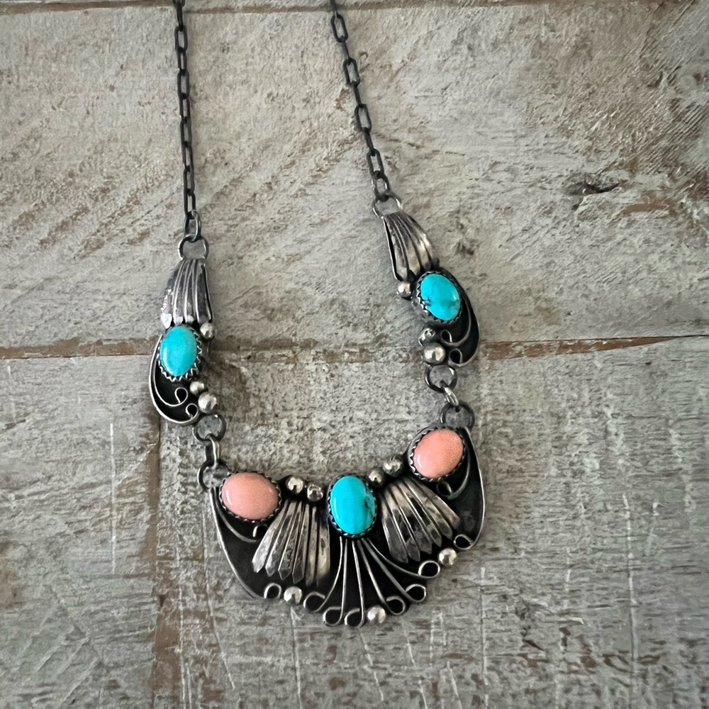 Beautiful Sterling Silver Turquoise and Pink Coral Navajo Necklace